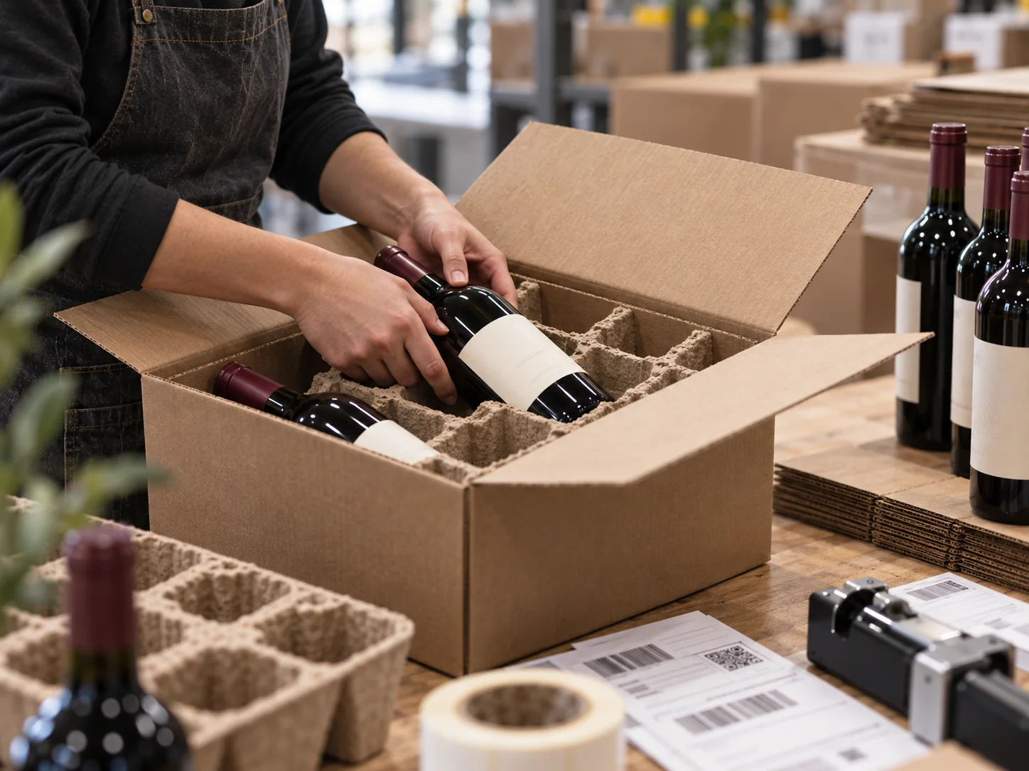 Weinflaschen werden für den Versand verpackt